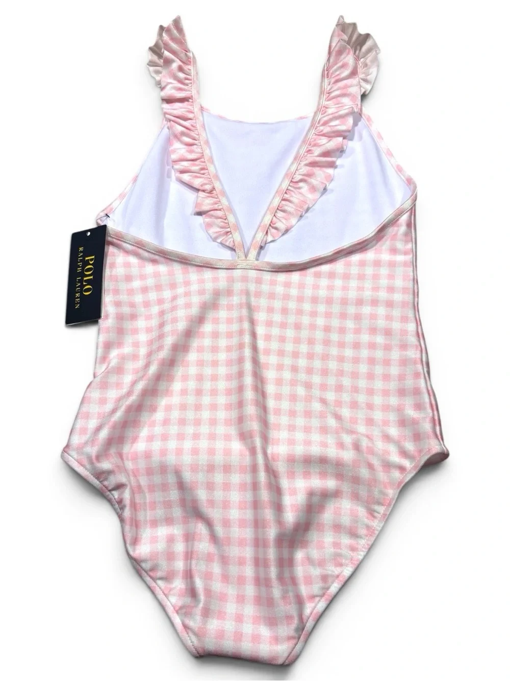 Polo Ralph Lauren Girls Pink Gingham Ruffle Strap One Piece Swimsuit Size 10 NWT